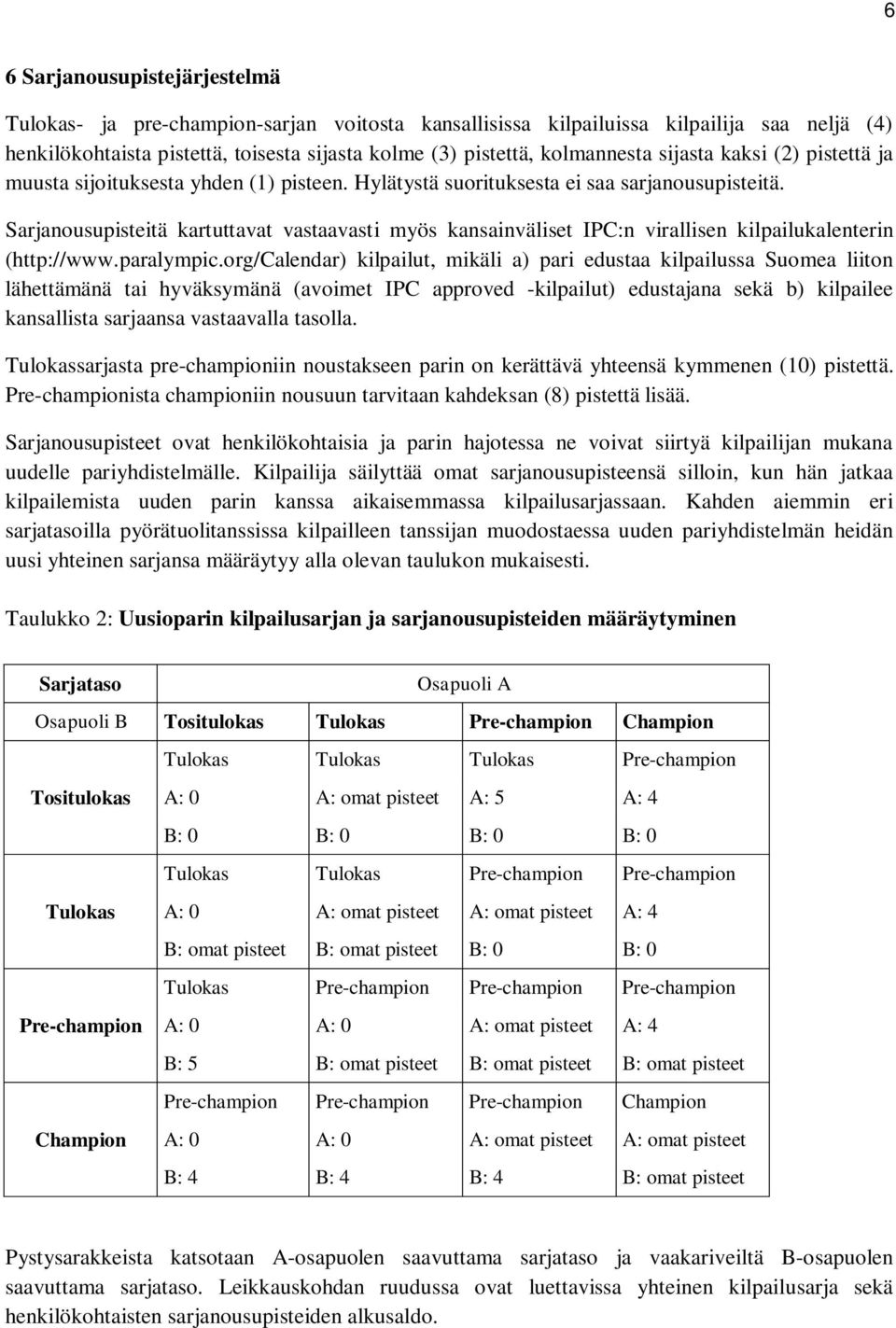 Sarjanousupisteitä kartuttavat vastaavasti myös kansainväliset IPC:n virallisen kilpailukalenterin (http://www.paralympic.