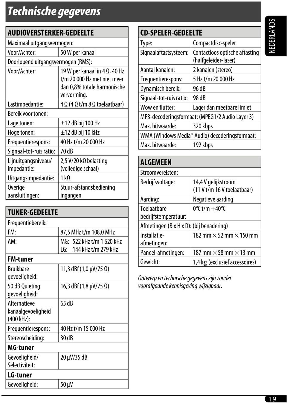 Lastimpedantie: 4 Ω (4 Ω t/m 8 Ω toelaatbaar) Bereik voor tonen: Lage tonen: ±12 db bij 100 Hz Hoge tonen: ±12 db bij 10 khz Frequentierespons: 40 Hz t/m 20 000 Hz Signaal-tot-ruis ratio: 70 db