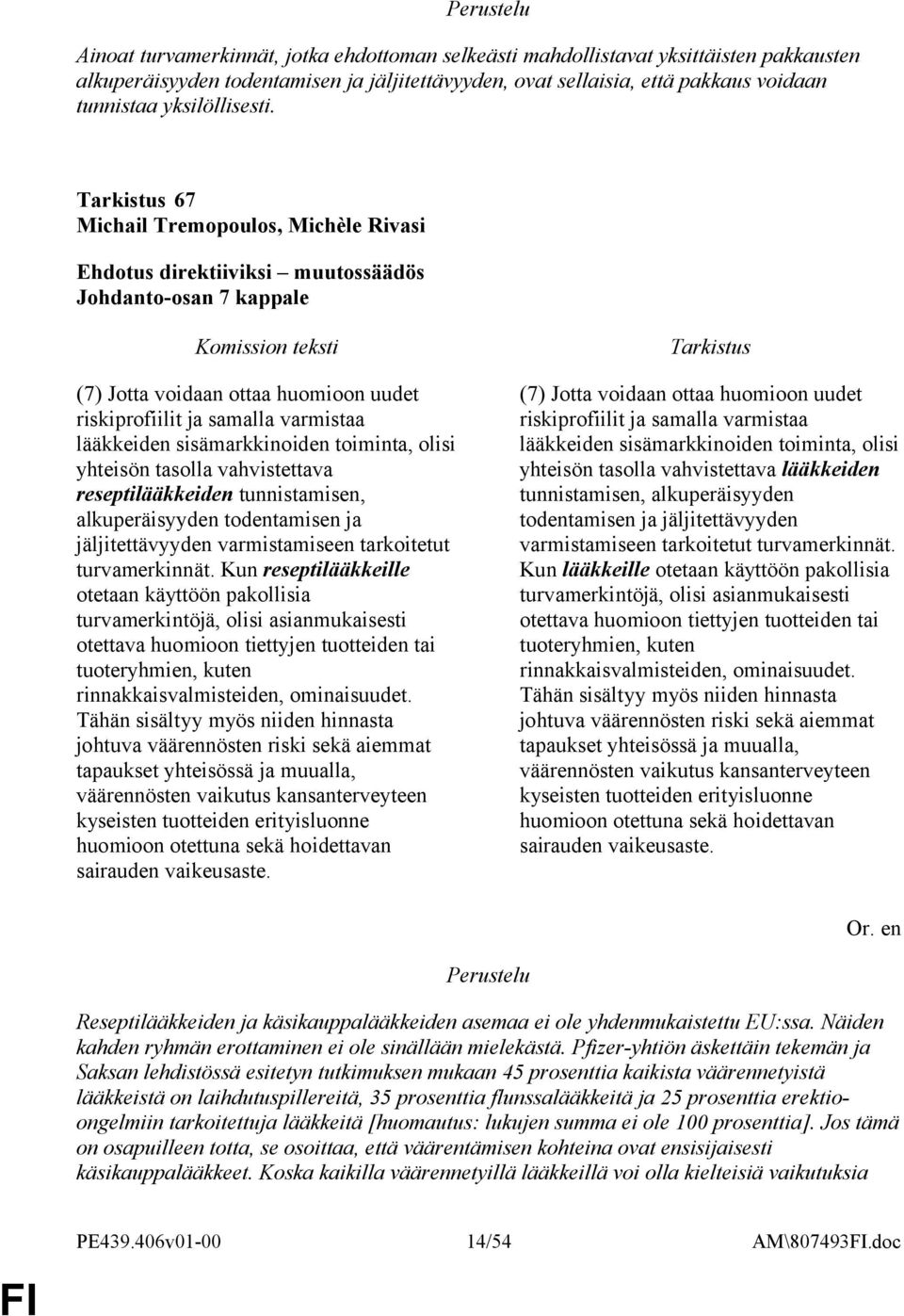 67 Michail Tremopoulos, Michèle Rivasi Johdanto-osan 7 kappale yhteisön tasolla vahvistettava reseptilääkkeiden tunnistamisen, alkuperäisyyden todentamisen ja jäljitettävyyden varmistamiseen