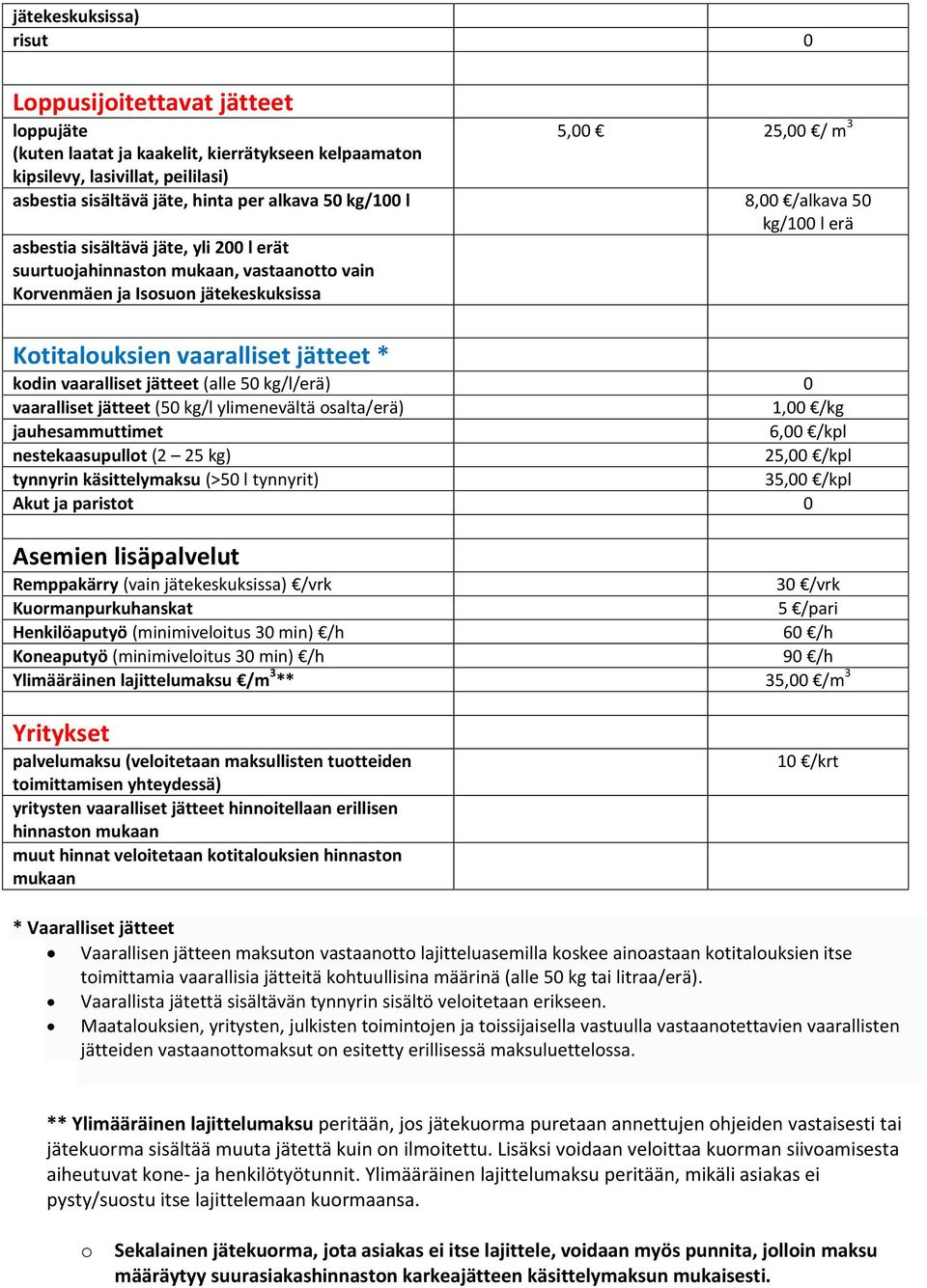 vaaralliset jätteet * kodin vaaralliset jätteet (alle 50 kg/l/erä) 0 vaaralliset jätteet (50 kg/l ylimenevältä osalta/erä) 1,00 /kg jauhesammuttimet 6,00 /kpl nestekaasupullot (2 25 kg) 25,00 /kpl