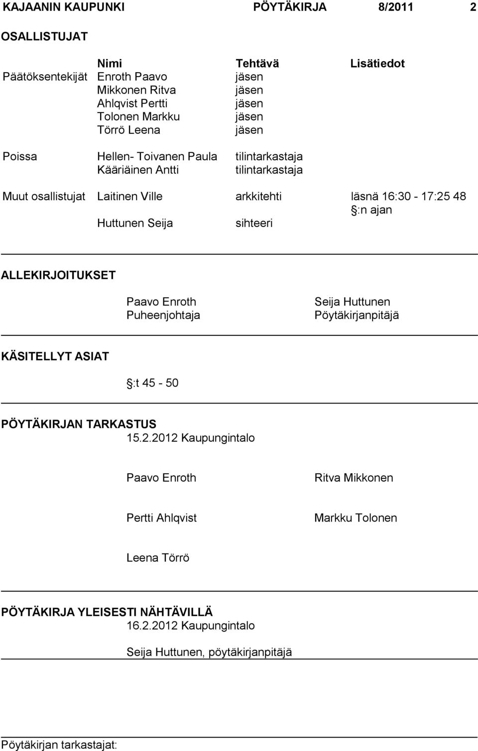 :n ajan Huttunen Seija sihteeri ALLEKIRJOITUKSET Paavo Enroth Puheenjohtaja Seija Huttunen Pöytäkirjanpitäjä KÄSITELLYT ASIAT :t 45-50 PÖYTÄKIRJAN TARKASTUS 15.2.