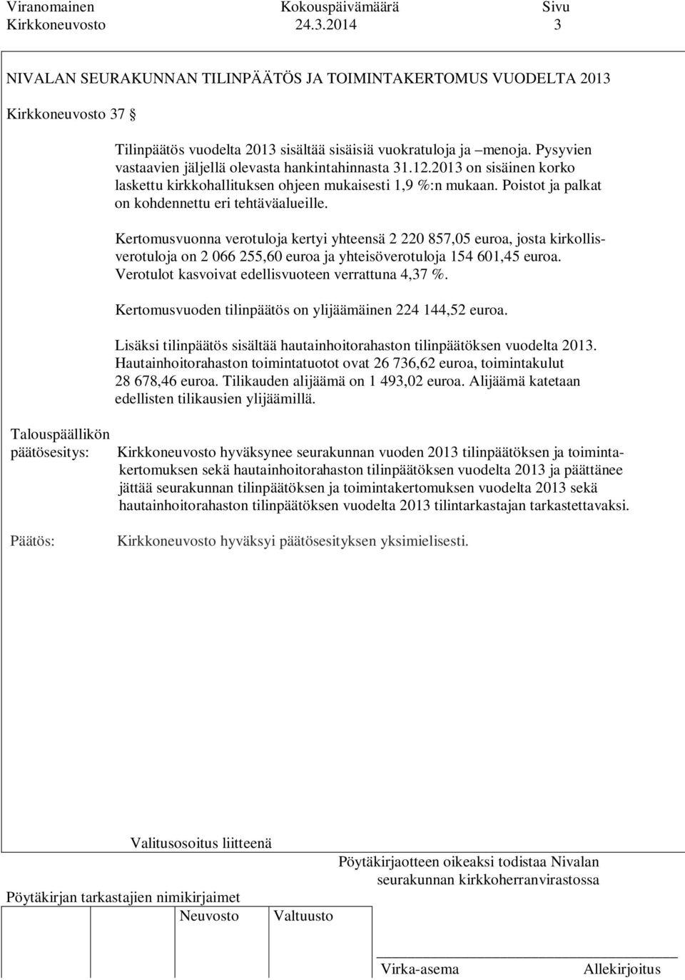 Kertomusvuonna verotuloja kertyi yhteensä 2 220 857,05 euroa, josta kirkollisverotuloja on 2 066 255,60 euroa ja yhteisöverotuloja 154 601,45 euroa.