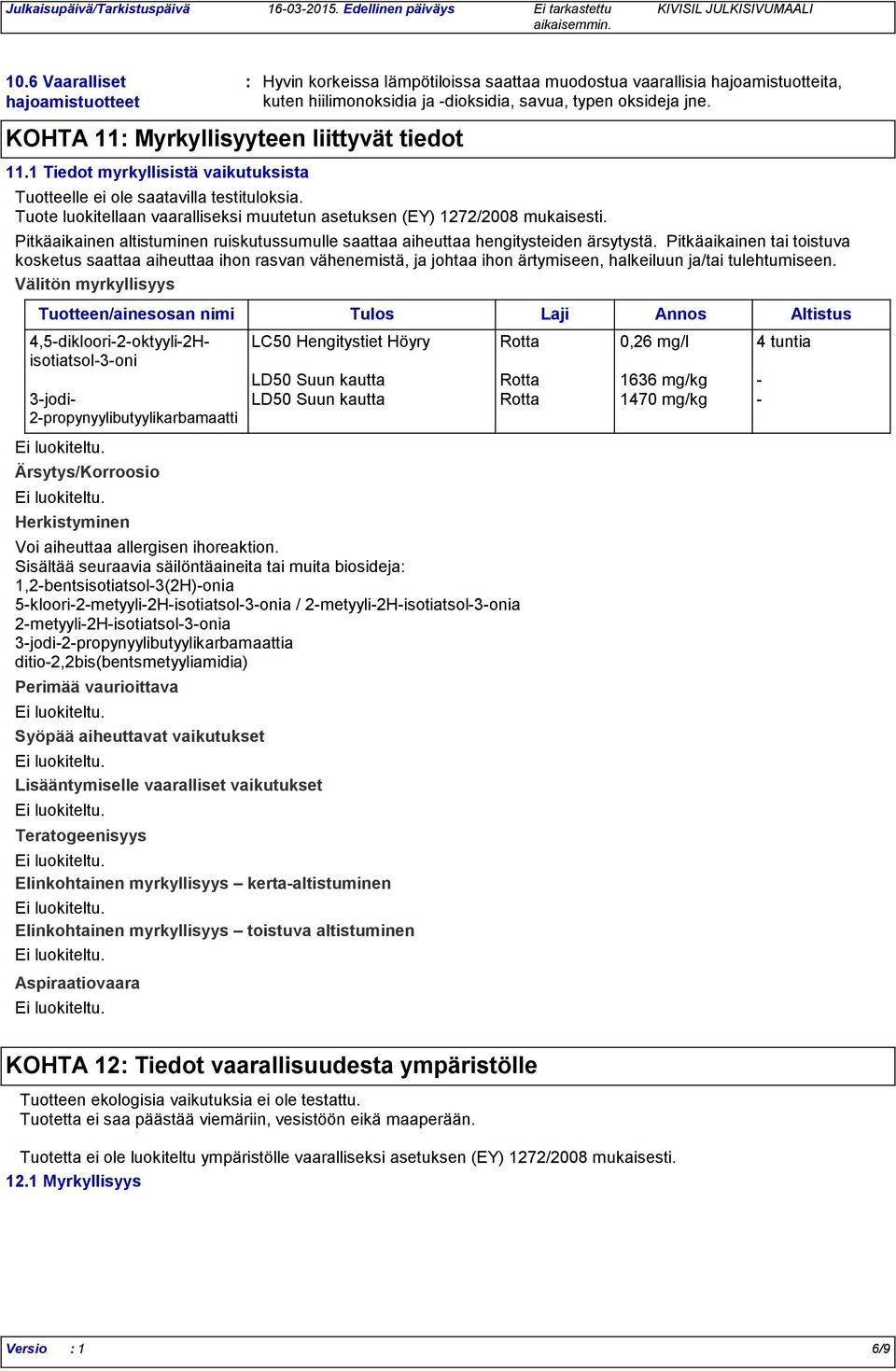 Tuotteelle ei ole saatavilla testituloksia. Tuote luokitellaan vaaralliseksi muutetun asetuksen (EY) 1272/2008 mukaisesti.