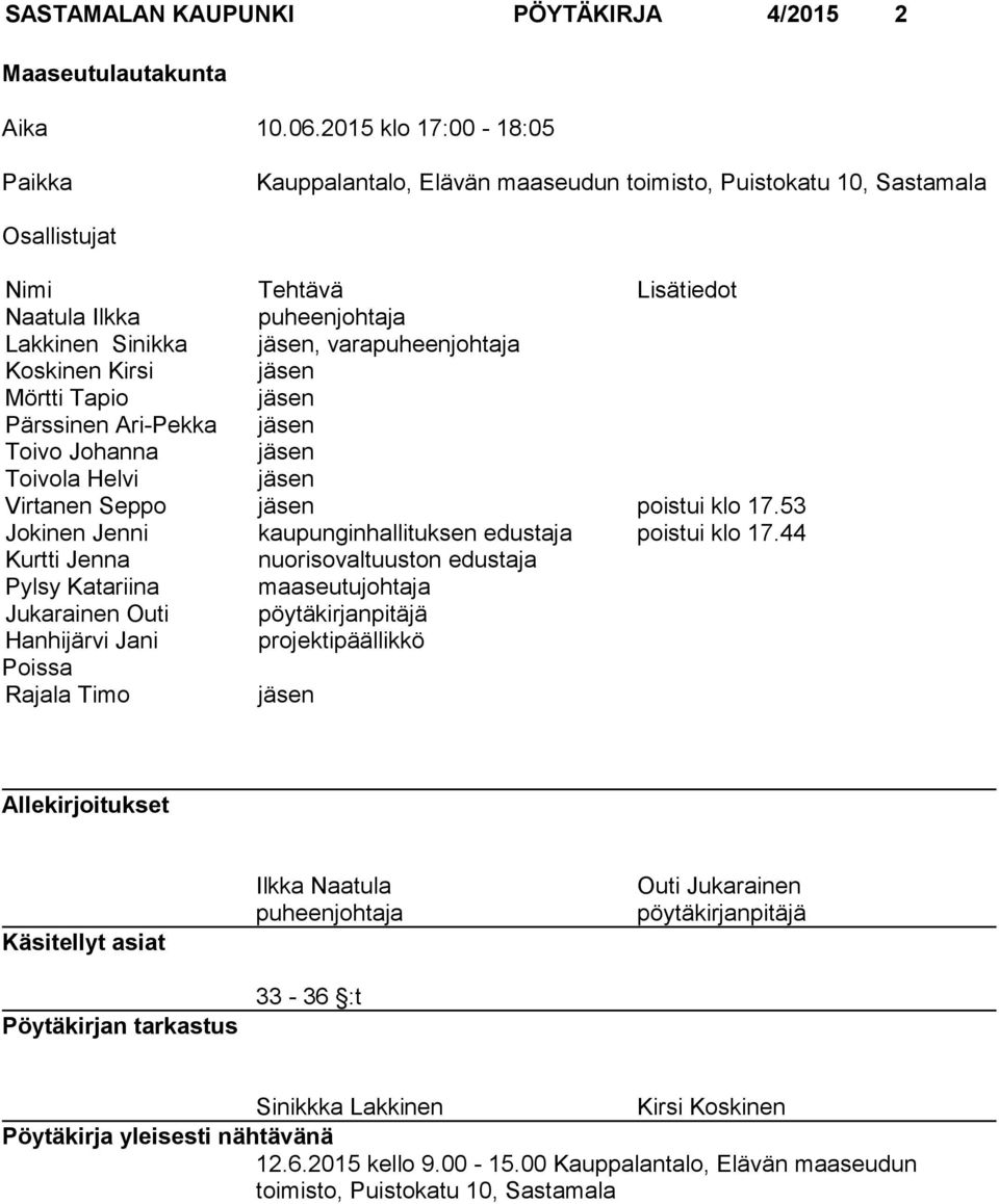 varapuheenjohtaja Koskinen Kirsi jäsen Mörtti Tapio jäsen Pärssinen Ari-Pekka jäsen Toivo Johanna jäsen Toivola Helvi jäsen Virtanen Seppo jäsen poistui klo 17.