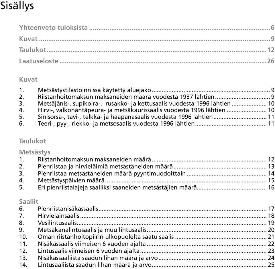 Sinisorsa-, tavi-, telkkä- ja haapanasaalis vuodesta 1996 lähtien... 11 6. Teeri-, pyy-, riekko- ja metsosaalis vuodesta 1996 lähtien... 11 Taulukot Metsästys 1. Riistanhoitomaksun maksaneiden määrä.