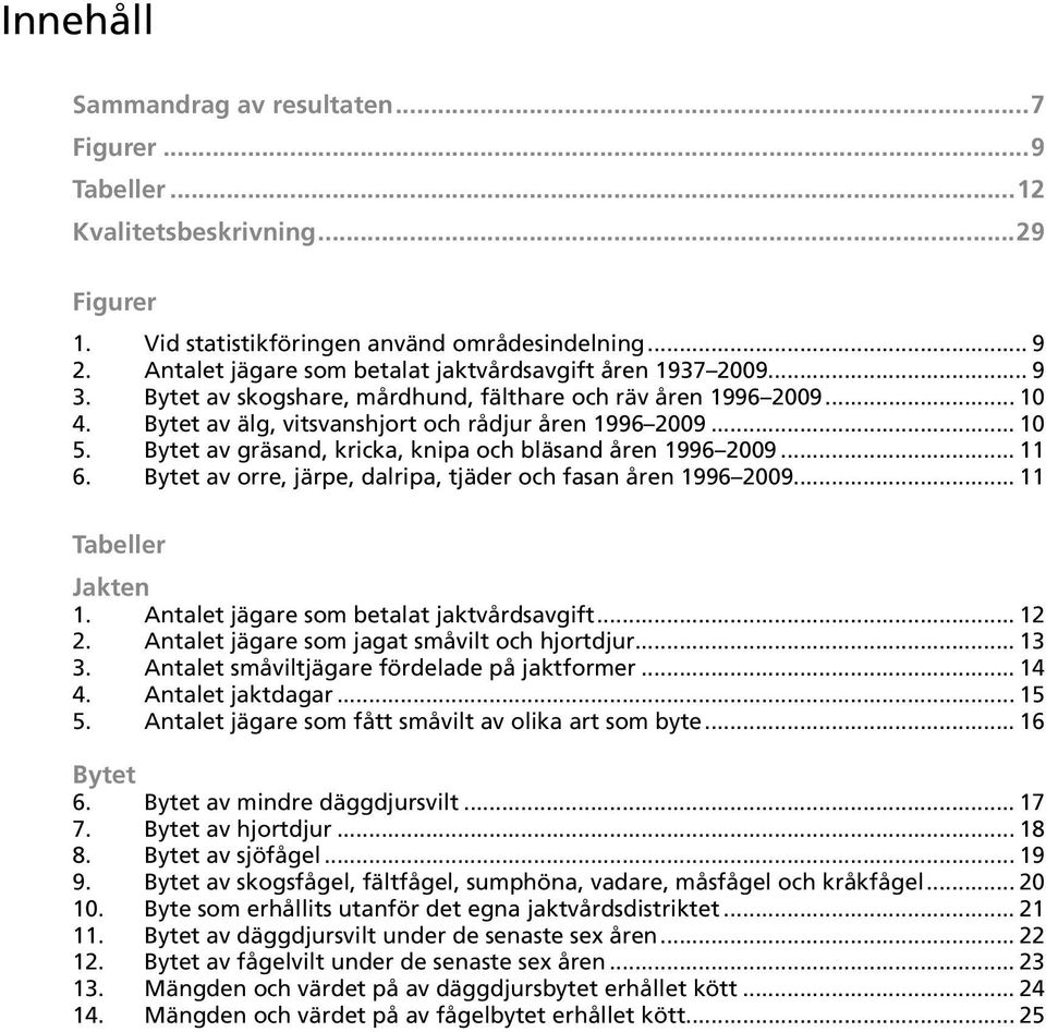 Bytet av gräsand, kricka, knipa och bläsand åren 1996 2009... 11 6. Bytet av orre, järpe, dalripa, tjäder och fasan åren 1996 2009... 11 Tabeller Jakten 1. Antalet jägare som betalat jaktvårdsavgift.