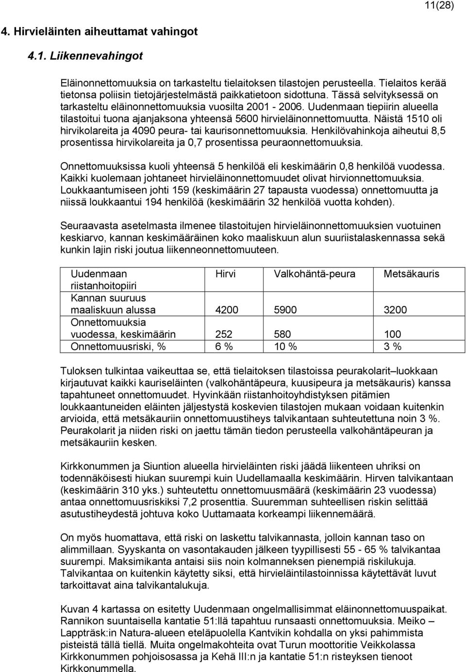 Uudenmaan tiepiirin alueella tilastoitui tuona ajanjaksona yhteensä 5600 hirvieläinonnettomuutta. Näistä 1510 oli hirvikolareita ja 4090 peura- tai kaurisonnettomuuksia.