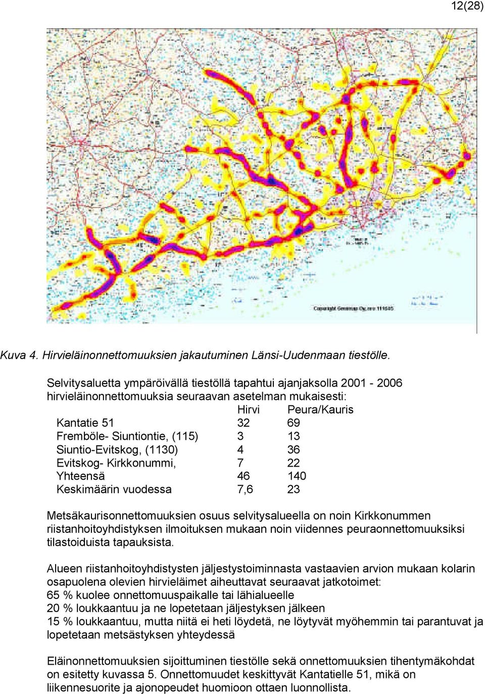 Siuntio-Evitskog, (1130) 4 36 Evitskog- Kirkkonummi, 7 22 Yhteensä Keskimäärin vuodessa 46 7,6 140 23 Metsäkaurisonnettomuuksien osuus selvitysalueella on noin Kirkkonummen riistanhoitoyhdistyksen