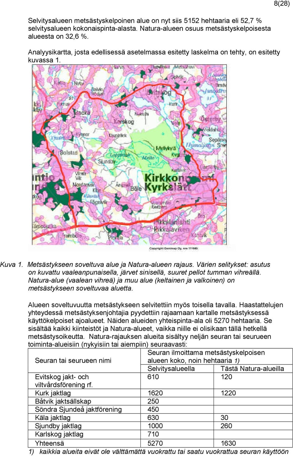 Värien selitykset: asutus on kuvattu vaaleanpunaisella, järvet sinisellä, suuret pellot tumman vihreällä.