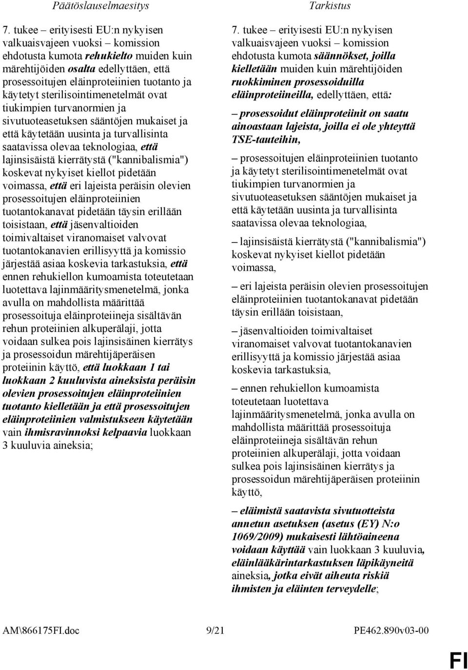 ("kannibalismia") koskevat nykyiset kiellot pidetään voimassa, että eri lajeista peräisin olevien prosessoitujen eläinproteiinien tuotantokanavat pidetään täysin erillään toisistaan, että