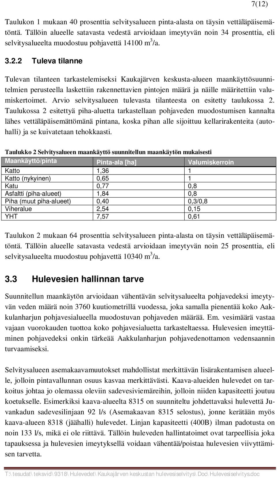 2 Tuleva tilanne Tulevan tilanteen tarkastelemiseksi Kaukajärven keskusta-alueen maankäyttösuunnitelmien perusteella laskettiin rakennettavien pintojen määrä ja näille määritettiin valumiskertoimet.