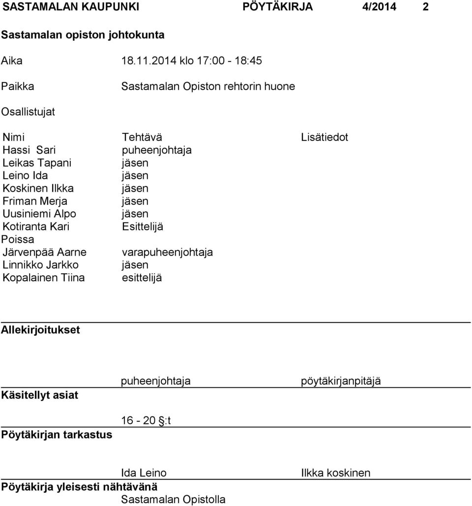 Leino Ida jäsen Koskinen Ilkka jäsen Friman Merja jäsen Uusiniemi Alpo jäsen Kotiranta Kari Esittelijä Poissa Järvenpää Aarne varapuheenjohtaja