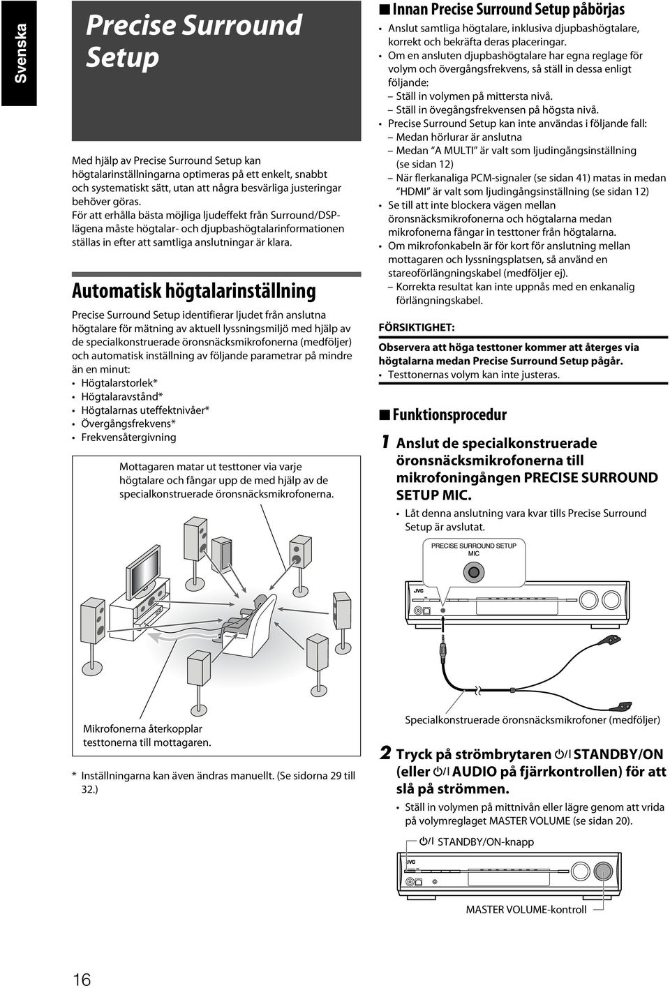 Automatisk högtalarinställning Precise Surround Setup identifierar ljudet från anslutna högtalare för mätning av aktuell lyssningsmiljö med hjälp av de specialkonstruerade öronsnäcksmikrofonerna