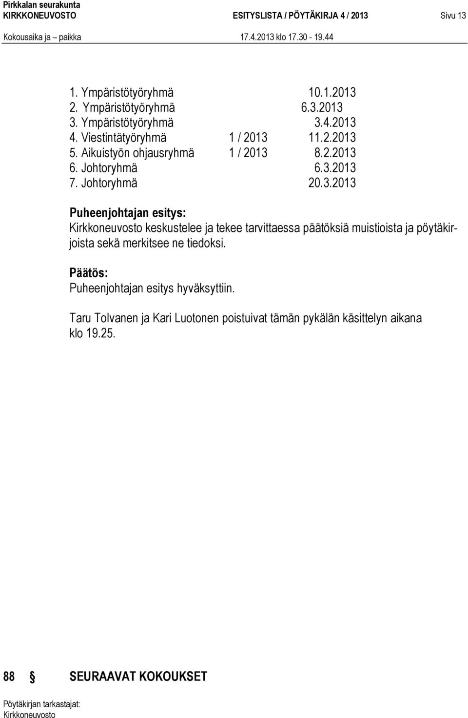 Johtoryhmä 20.3.2013 keskustelee ja tekee tarvittaessa päätöksiä muistioista ja pöytäkirjoista sekä merkitsee ne tiedoksi.