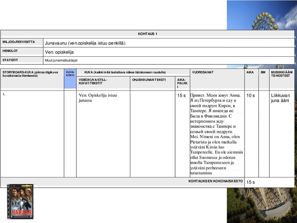 OHJEIKKUNAN TEKSTI AIKA- PALKK I VUOROSANAT AIKA BM MUSIIKKI/ÄÄNI TE-HOSTEET 1. Ven. Opiskelija istuu junassa 15 s Привет. Меня зовут Анна. Я из Петербурга и еду к своей подруге Кирси, в Тампере.