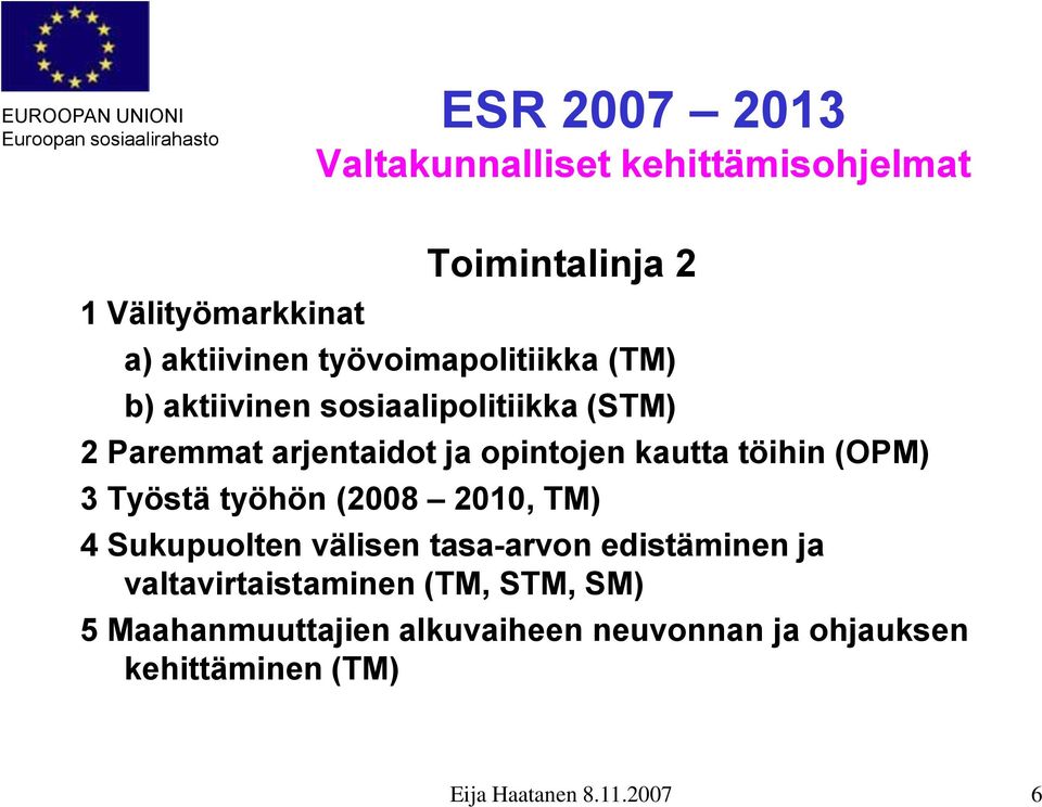 Työstä työhön (2008 2010, TM) 4 Sukupuolten välisen tasa-arvon edistäminen ja valtavirtaistaminen (TM,