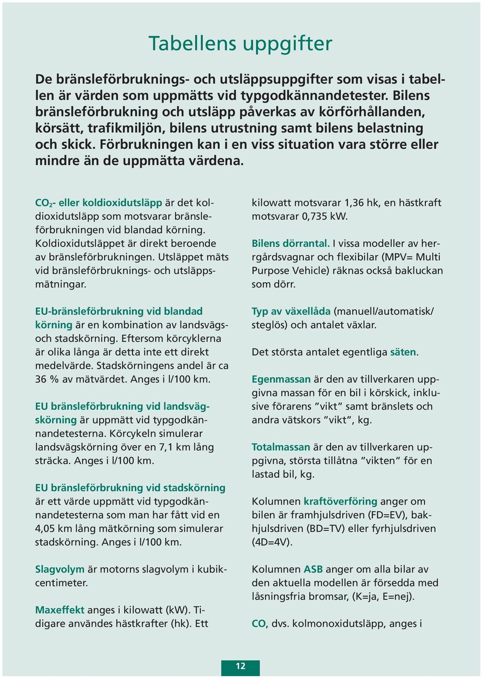 Förbrukningen kan i en viss situation vara större eller mindre än de uppmätta värdena. CO 2- eller koldioxidutsläpp är det koldioxidutsläpp som motsvarar bränsleförbrukningen vid blandad körning.