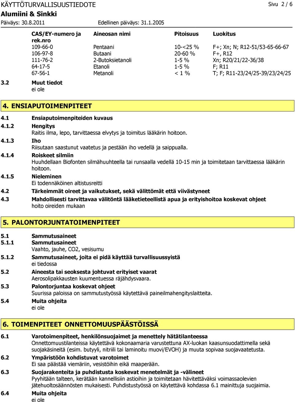 T; F; R11-23/24/25-39/23/24/25 3.2 Muut tiedot 4. ENSIAPUTOIMENPITEET 4.1 Ensiaputoimenpiteiden kuvaus 4.1.2 Hengitys Raitis ilma, lepo, tarvittaessa elvytys ja toimitus lääkärin hoitoon. 4.1.3 Iho Riisutaan saastunut vaatetus ja pestään iho vedellä ja saippualla.