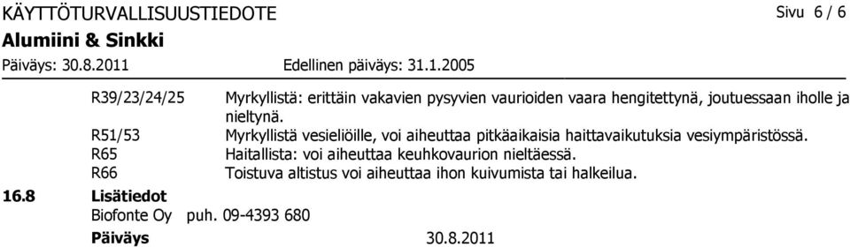 R51/53 Myrkyllistä vesieliöille, voi aiheuttaa pitkäaikaisia haittavaikutuksia vesiympäristössä.