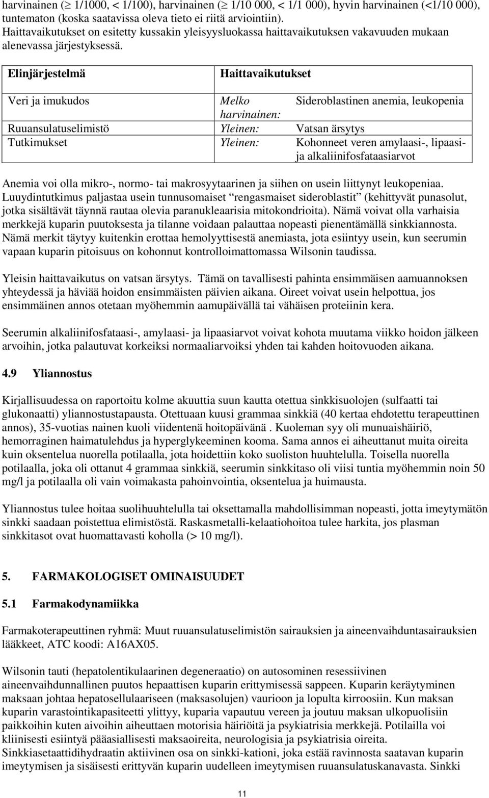 Elinjärjestelmä Haittavaikutukset Veri ja imukudos Melko Sideroblastinen anemia, leukopenia harvinainen: Ruuansulatuselimistö Yleinen: Vatsan ärsytys Tutkimukset Yleinen: Kohonneet veren amylaasi-,