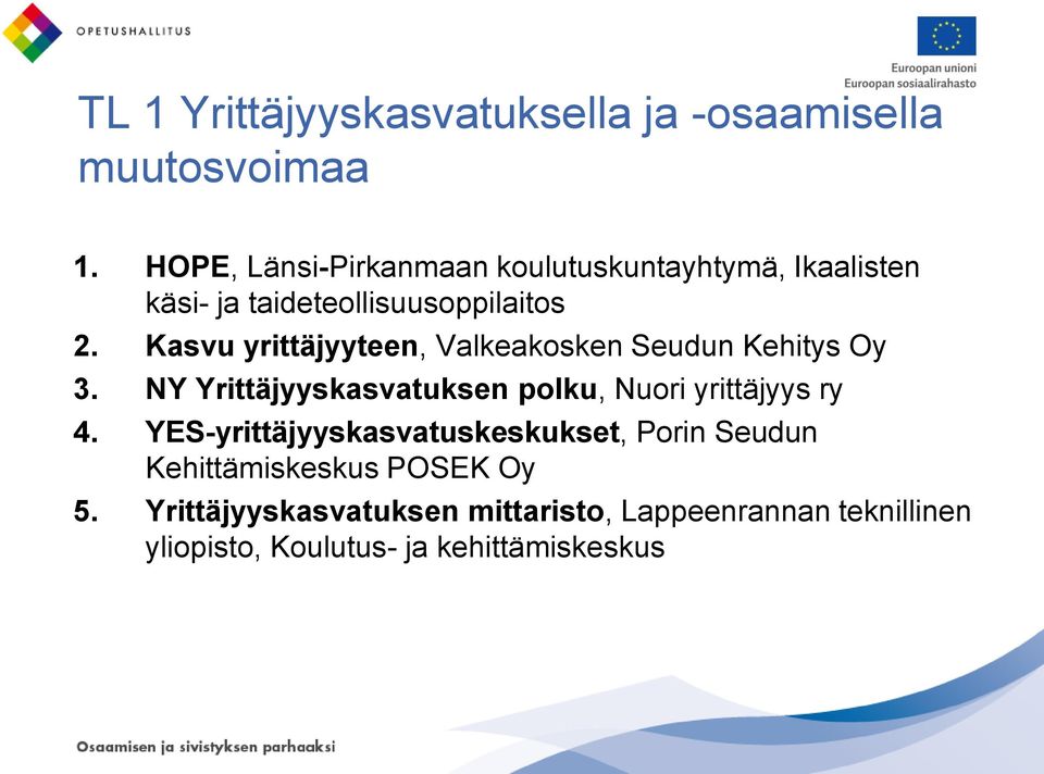 Kasvu yrittäjyyteen, Valkeakosken Seudun Kehitys Oy 3. NY Yrittäjyyskasvatuksen polku, Nuori yrittäjyys ry 4.