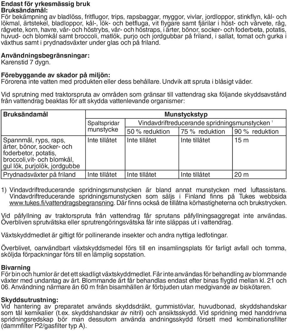 broccoli, matlök, purjo och jordgubbar på friland, i sallat, tomat och gurka i växthus samt i prydnadsväxter under glas och på friland. Användningsbegränsningar: Karenstid 7 dygn.