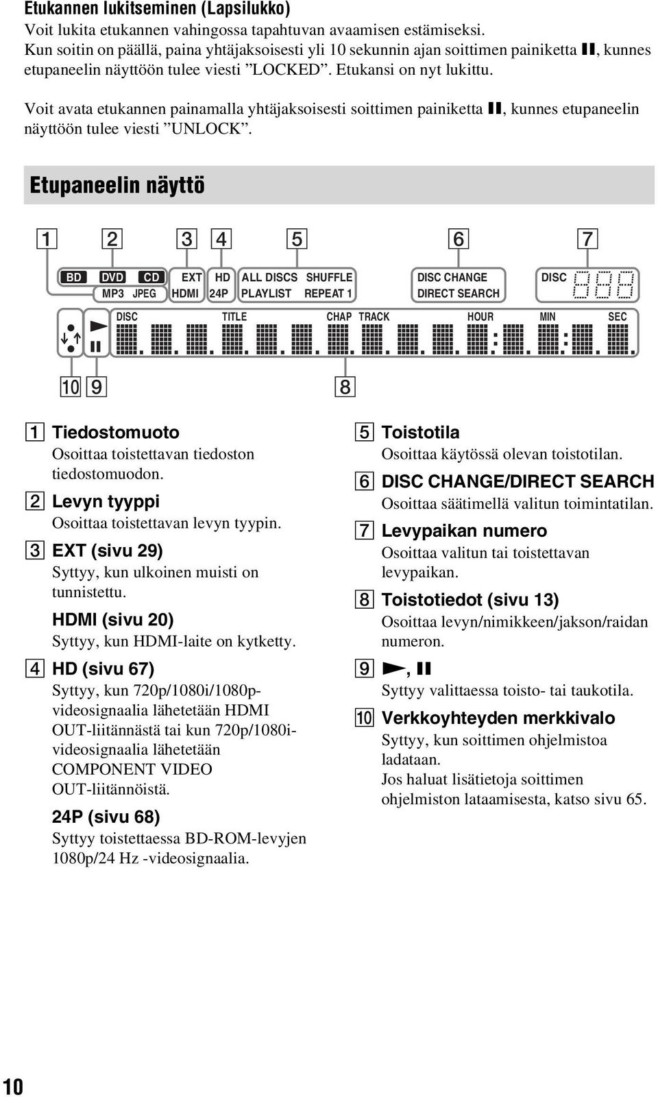 Voit avata etukannen painamalla yhtäjaksoisesti soittimen painiketta X, kunnes etupaneelin näyttöön tulee viesti UNLOCK.