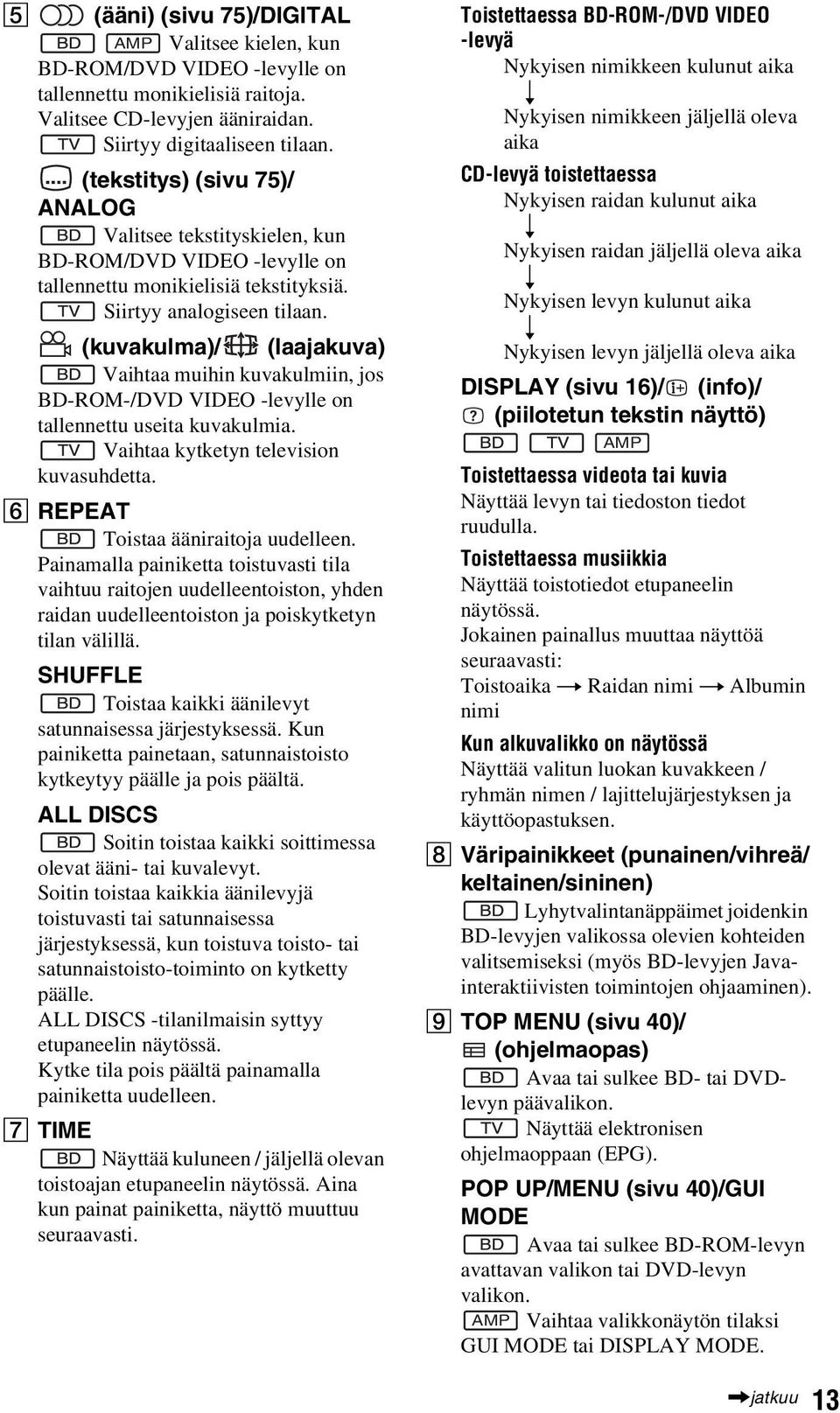 (kuvakulma)/ (laajakuva) Vaihtaa muihin kuvakulmiin, jos BD-ROM-/DVD VIDEO -levylle on tallennettu useita kuvakulmia. Vaihtaa kytketyn television kuvasuhdetta. F REPEAT Toistaa ääniraitoja uudelleen.