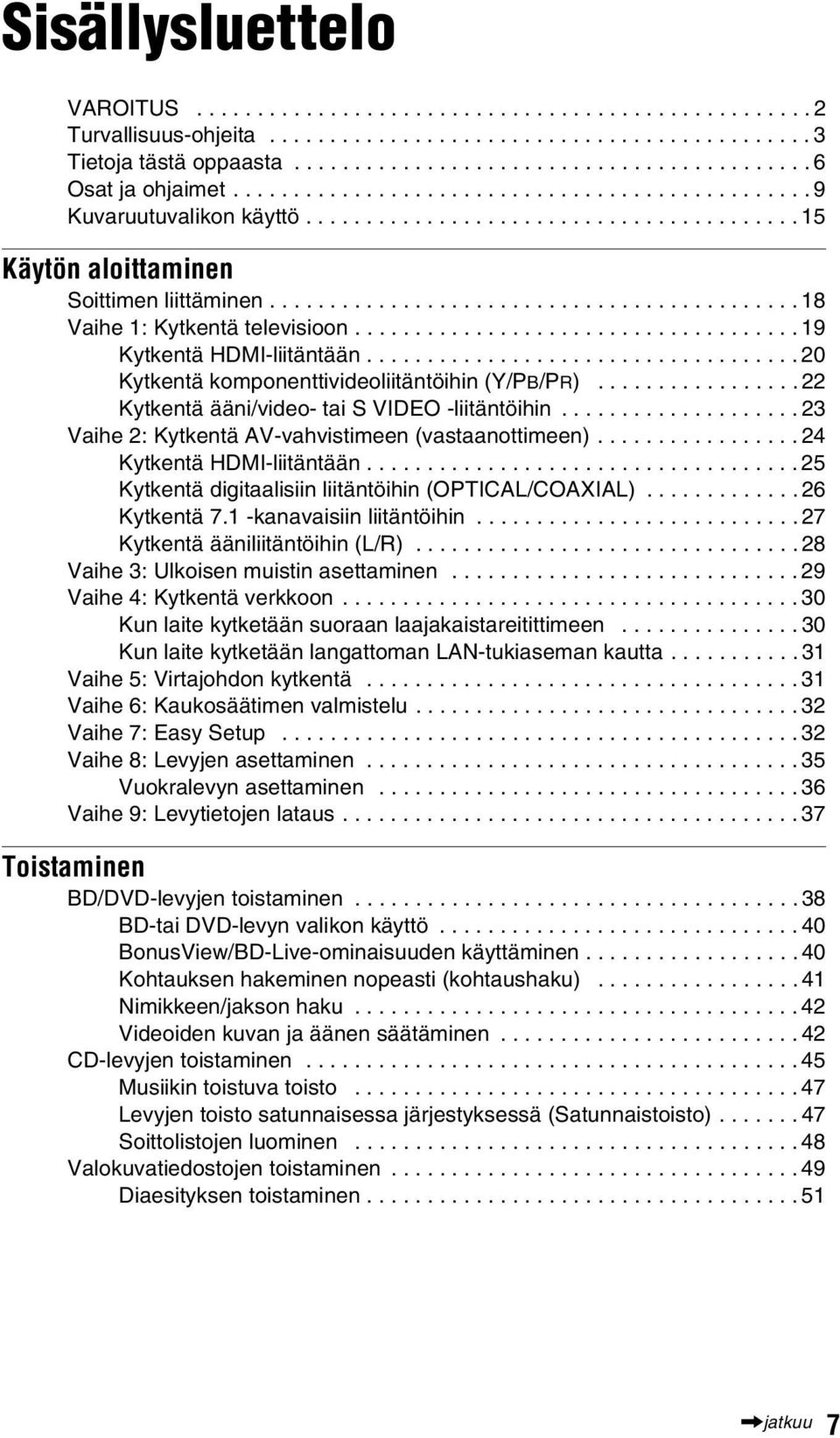 .................................... 19 Kytkentä HDMI-liitäntään.................................... 20 Kytkentä komponenttivideoliitäntöihin (Y/PB/PR).