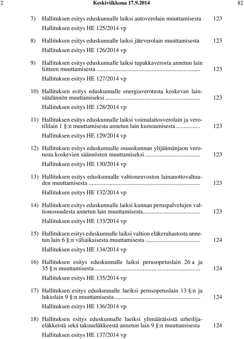 esitys HE 126/2014 vp 9) Hallituksen esitys eduskunnalle laiksi tupakkaverosta annetun lain liitteen muuttamisesta.