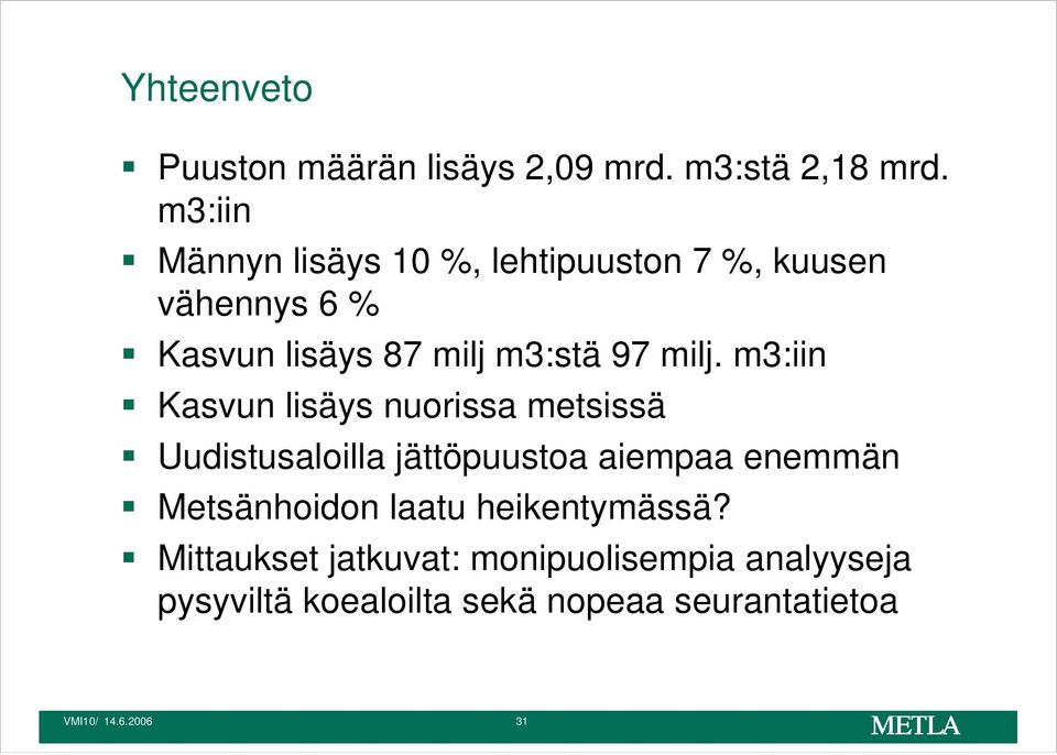 milj. m3:iin Kasvun lisäys nuorissa metsissä Uudistusaloilla jättöpuustoa aiempaa enemmän