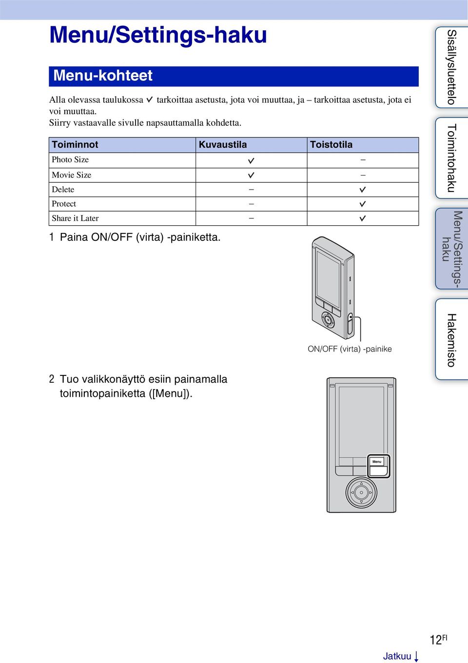 Toiminnot Kuvaustila Toistotila Photo Size Movie Size Delete Protect Share it Later 1 Paina ON/OFF