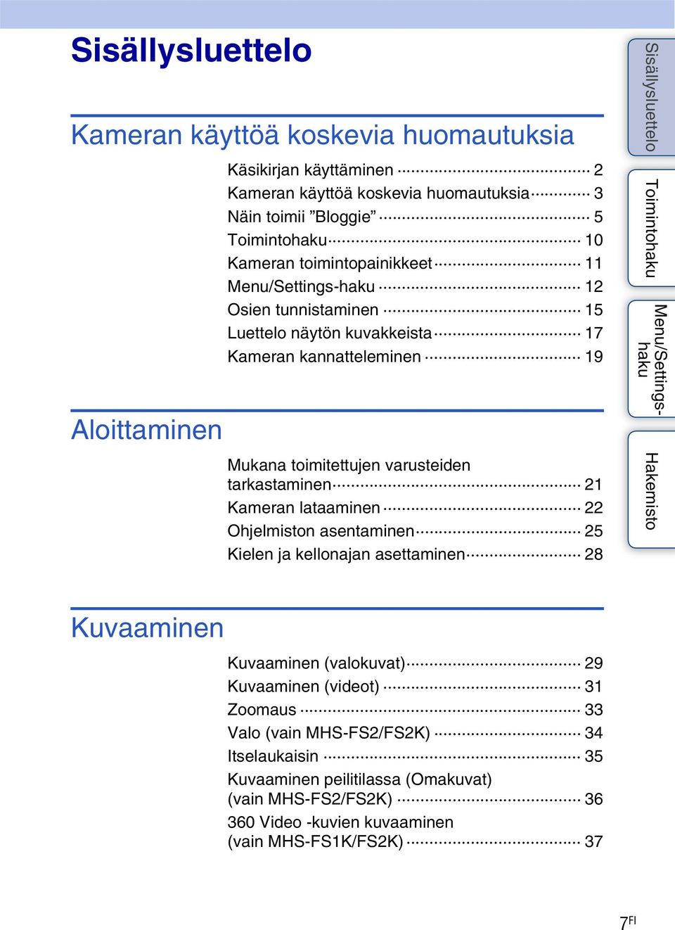 varusteiden tarkastaminen 21 Kameran lataaminen 22 Ohjelmiston asentaminen 25 Kielen ja kellonajan asettaminen 28 Kuvaaminen Kuvaaminen (valokuvat) 29 Kuvaaminen