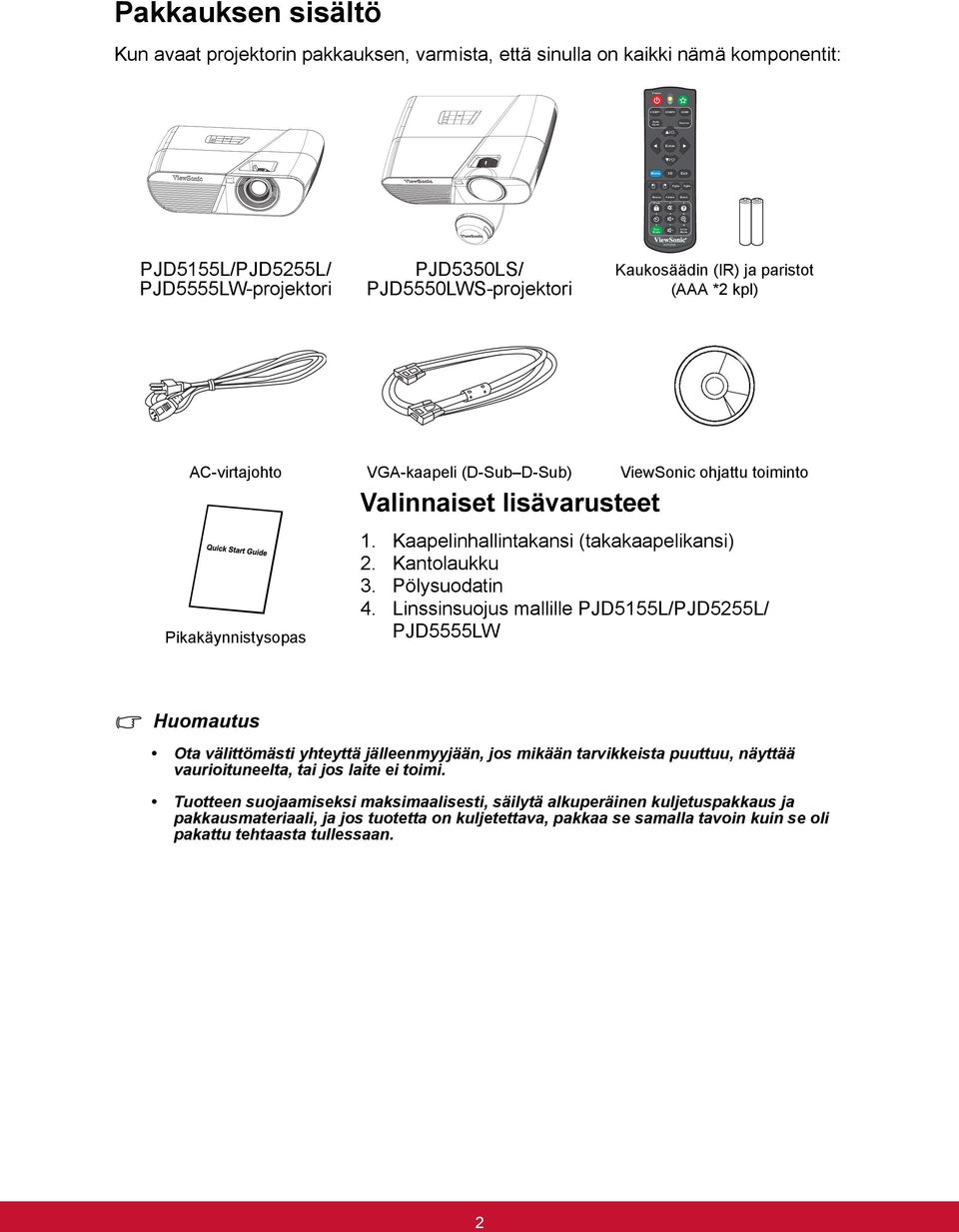 D-Sub) ViewSonic ohjattu toiminto Valinnaiset lisävarusteet Pikakäynnistysopas 1. Kaapelinhallintakansi (takakaapelikansi) 2. Kantolaukku 3. Pölysuodatin 4.