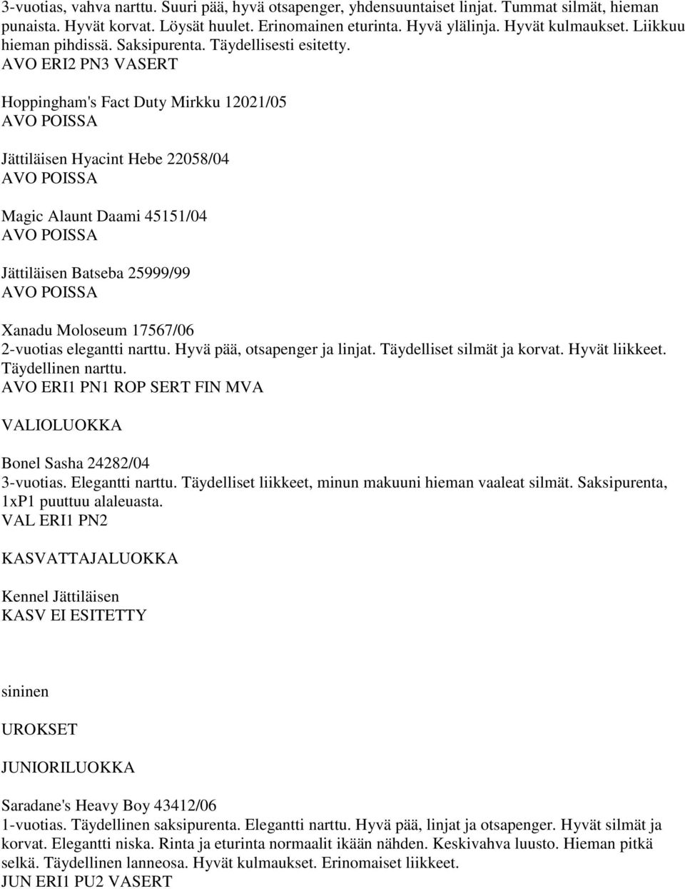 AVO ERI2 PN3 VASERT Hoppingham's Fact Duty Mirkku 12021/05 Jättiläisen Hyacint Hebe 22058/04 Magic Alaunt Daami 45151/04 Jättiläisen Batseba 25999/99 Xanadu Moloseum 17567/06 2-vuotias elegantti