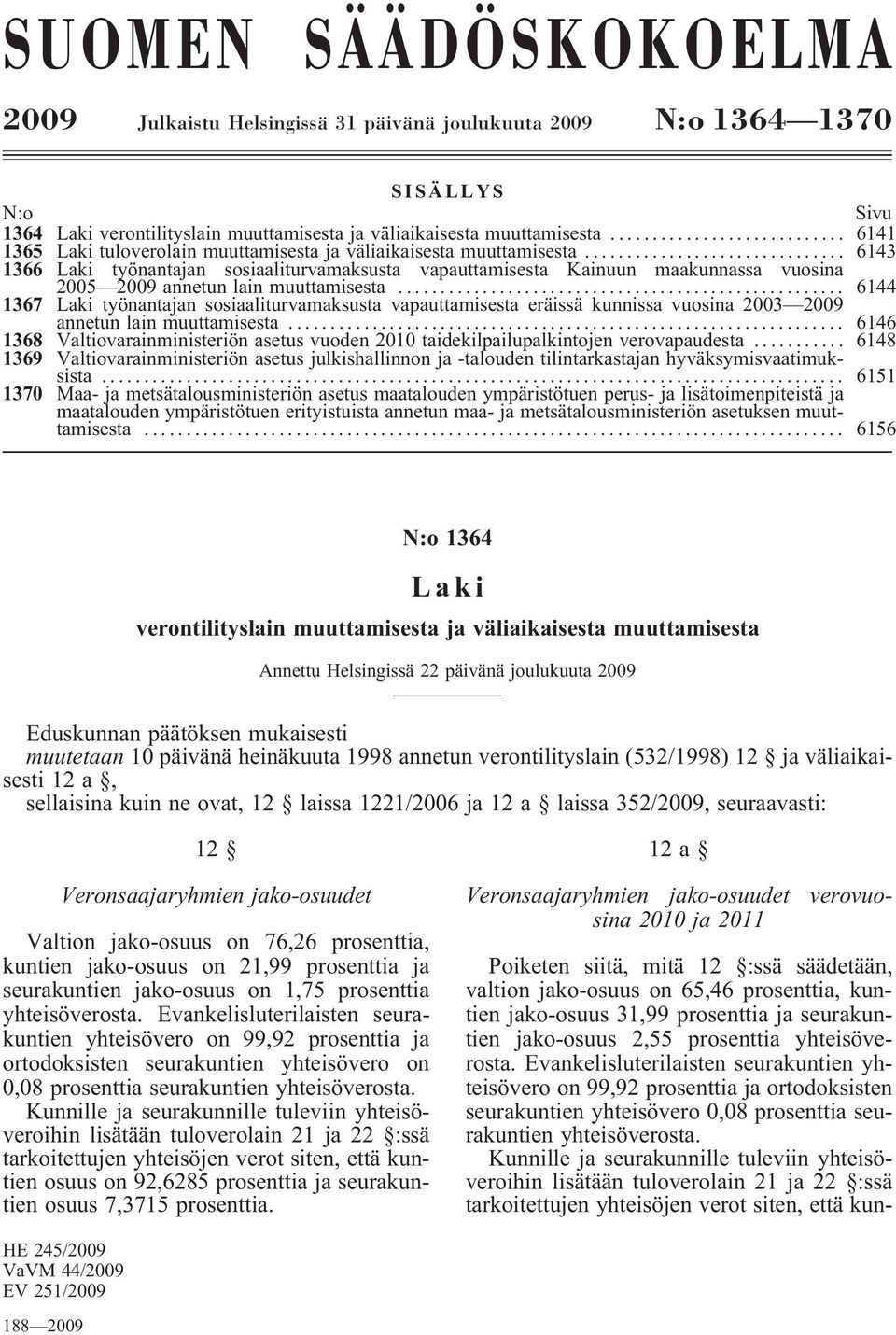 .................... 6143 1366 Laki työnantajan sosiaaliturvamaksusta vapauttamisesta Kainuun maakunnassa vuosina 2005 2009 annetun lain muuttamisesta.