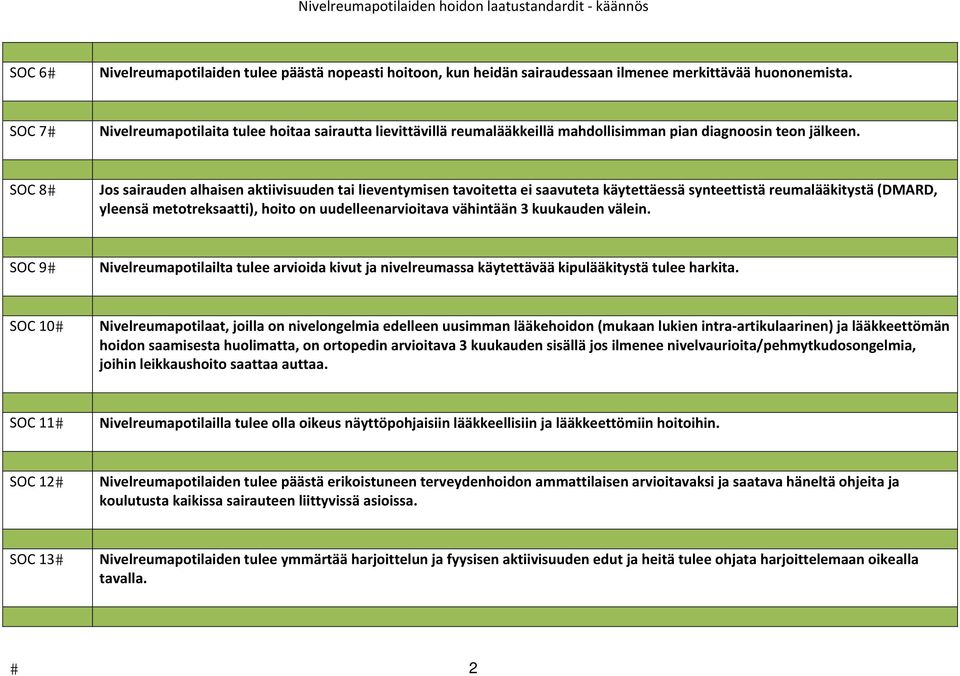 SOC 8 Jos sairauden alhaisen aktiivisuuden tai lieventymisen tavoitetta ei saavuteta käytettäessä synteettistä reumalääkitystä (DMARD, yleensä metotreksaatti), hoito on uudelleenarvioitava vähintään