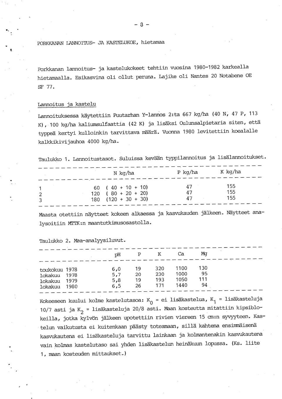 Lannoitus ja kastelu LannoitUksessa käytettiin Puutarhan Y-lannos 2: ta 667 kg/ha (40 N, 47 P, 113 K), 100 kg/ha kaliumsulfaattia (42 K) ja lisäksi Oulunsalpietw-ia siten, että typpeä kertyi