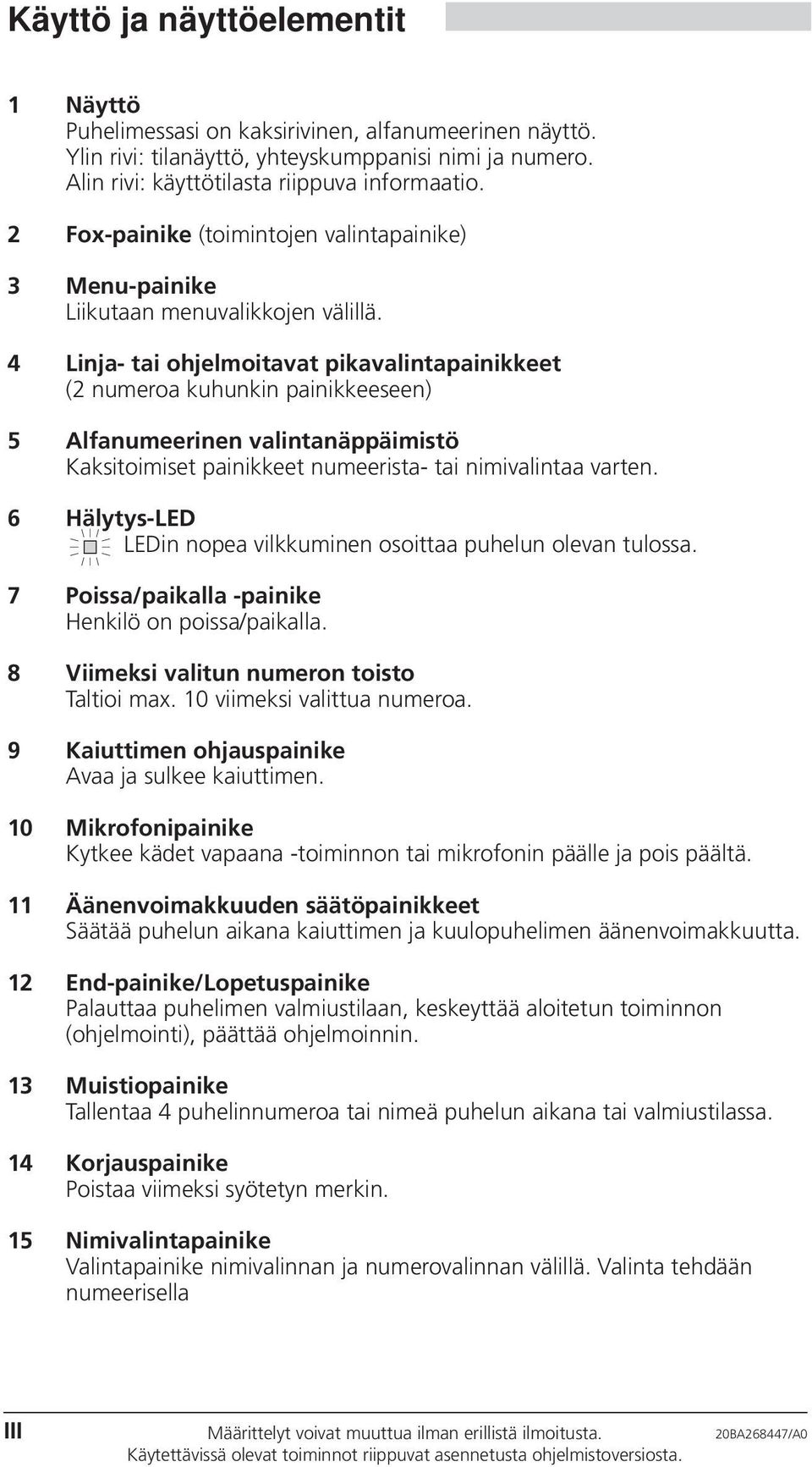 4 Linja- tai ohjelmoitavat pikavalintapainikkeet (2 numeroa kuhunkin painikkeeseen) 5 Alfanumeerinen valintanäppäimistö Kaksitoimiset painikkeet numeerista- tai nimivalintaa varten.