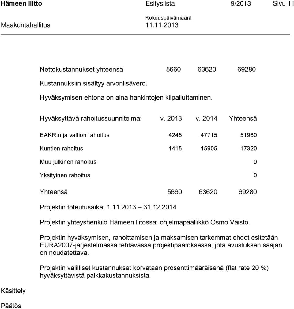 2014 Yhteensä EAKR:n ja valtion rahoitus 4245 47715 51960 Kuntien rahoitus 1415 15905 17320 Muu julkinen rahoitus 0 Yksityinen rahoitus 0 Yhteensä 5660 63620 69280 Projektin toteutusaika: 1.11.