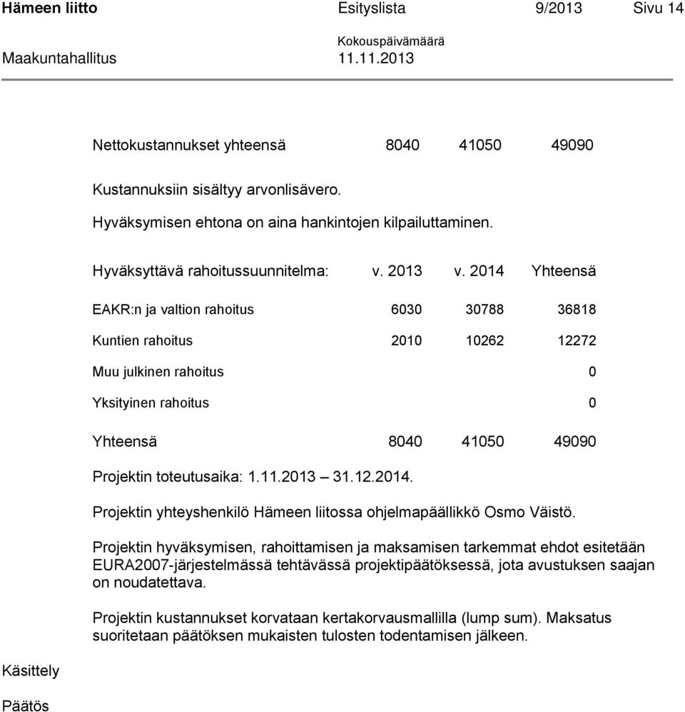 11.2013 31.12.2014. Projektin yhteyshenkilö Hämeen liitossa ohjelmapäällikkö Osmo Väistö.