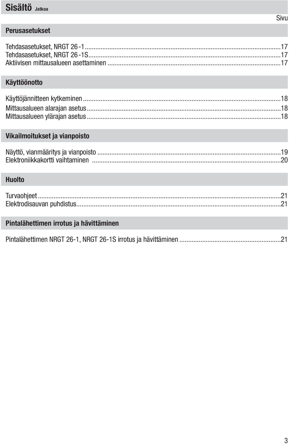 ..18 Mittausalueen ylärajan asetus...18 Vikailmoitukset ja vianpoisto Näyttö, vianmääritys ja vianpoisto.