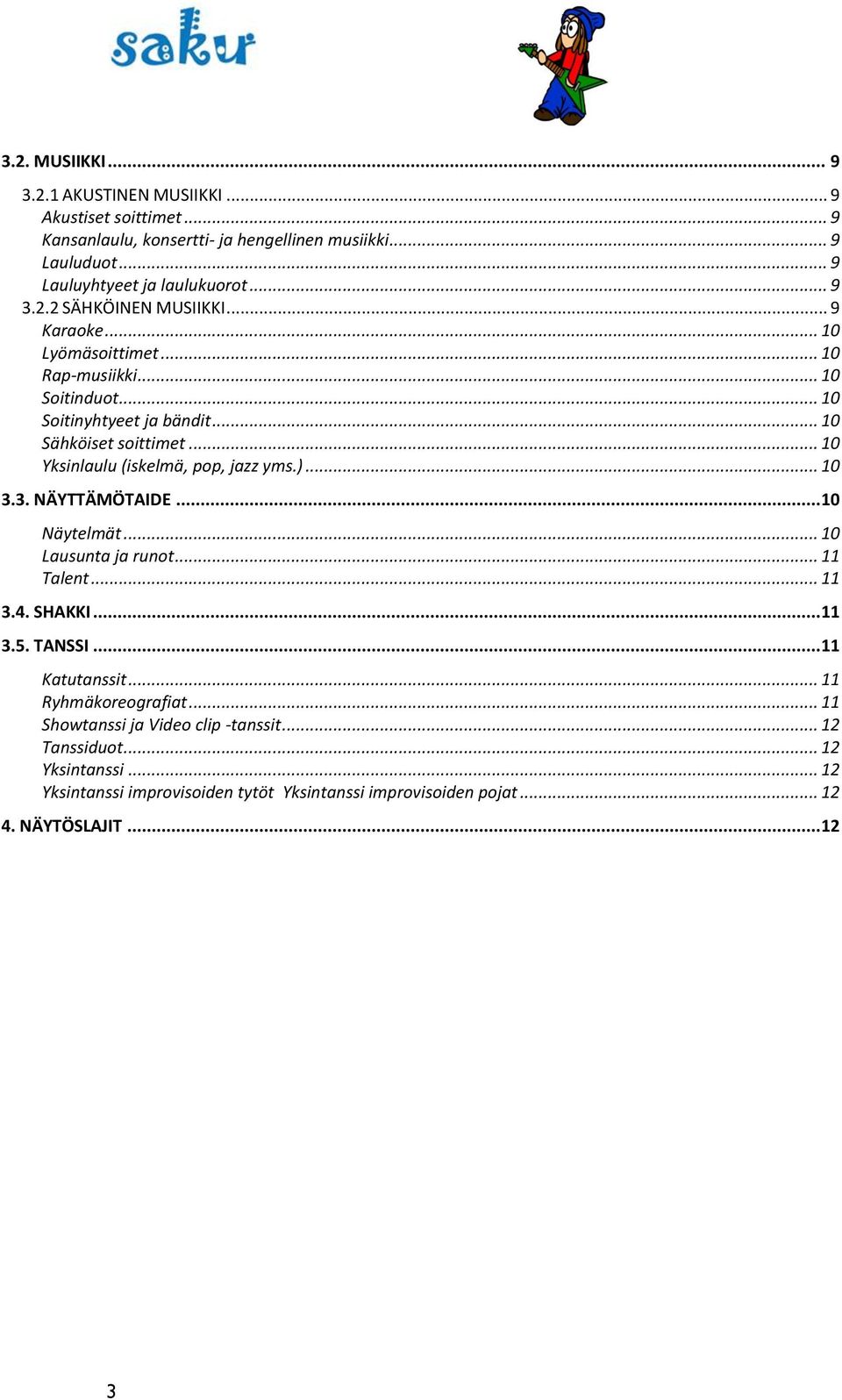 3. NÄYTTÄMÖTAIDE... 10 Näytelmät... 10 Lausunta ja runot... 11 Talent... 11 3.4. SHAKKI... 11 3.5. TANSSI... 11 Katutanssit... 11 Ryhmäkoreografiat.