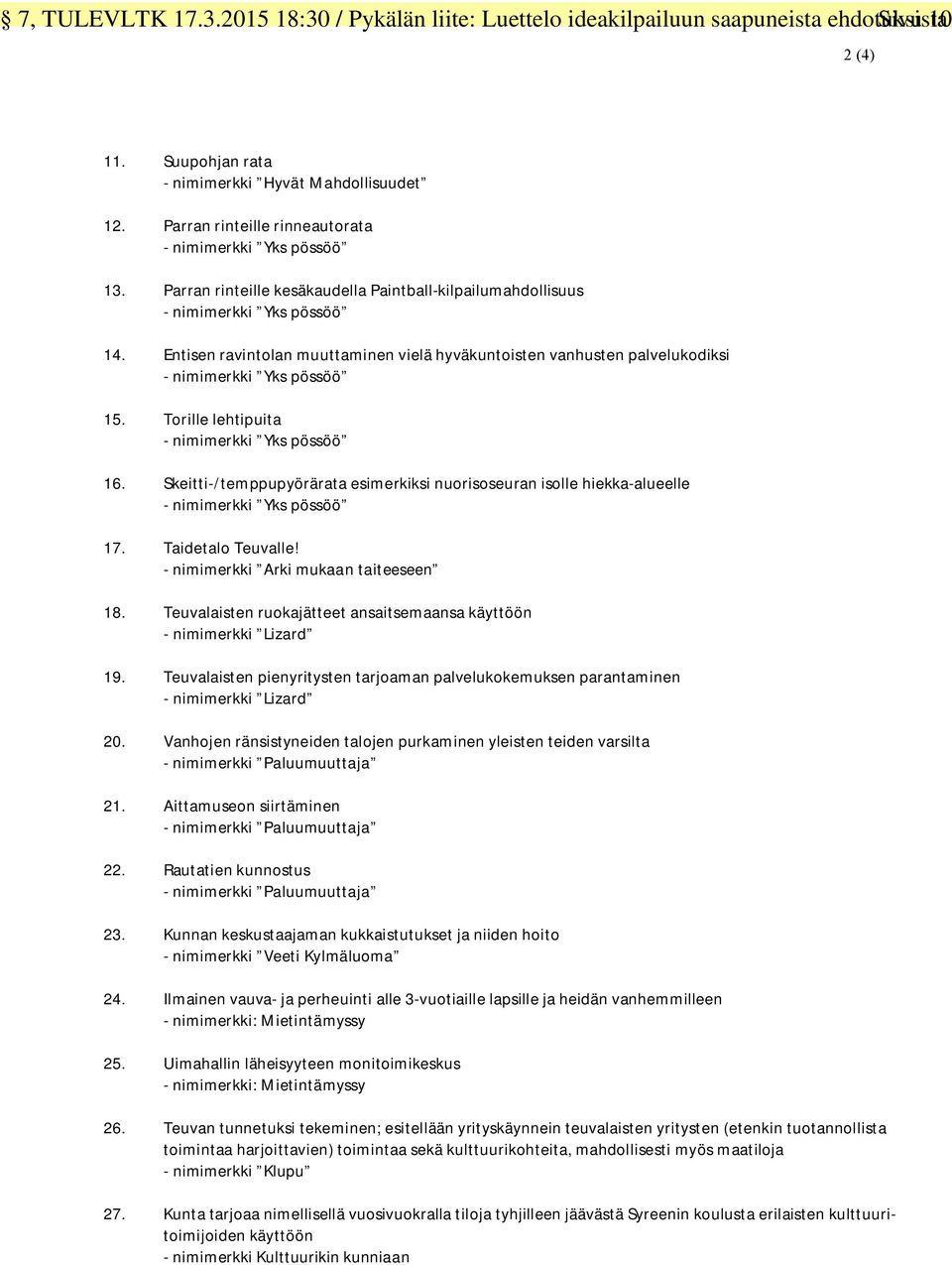 Entisen ravintolan muuttaminen vielä hyväkuntoisten vanhusten palvelukodiksi - nimimerkki Yks pössöö 15. Torille lehtipuita - nimimerkki Yks pössöö 16.