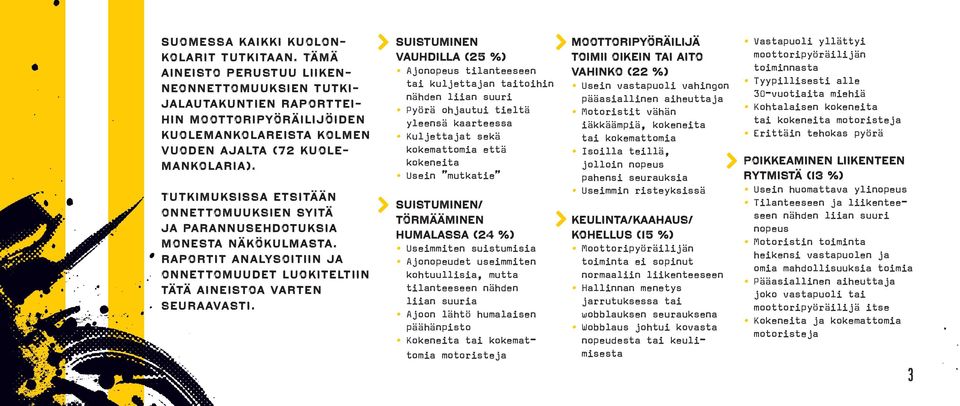 Tutkimuksissa etsitään onnettomuuksien syitä ja parannusehdotuksia monesta näkökulmasta. Raportit analysoitiin ja onnettomuudet luokiteltiin tätä aineistoa varten seuraavasti.