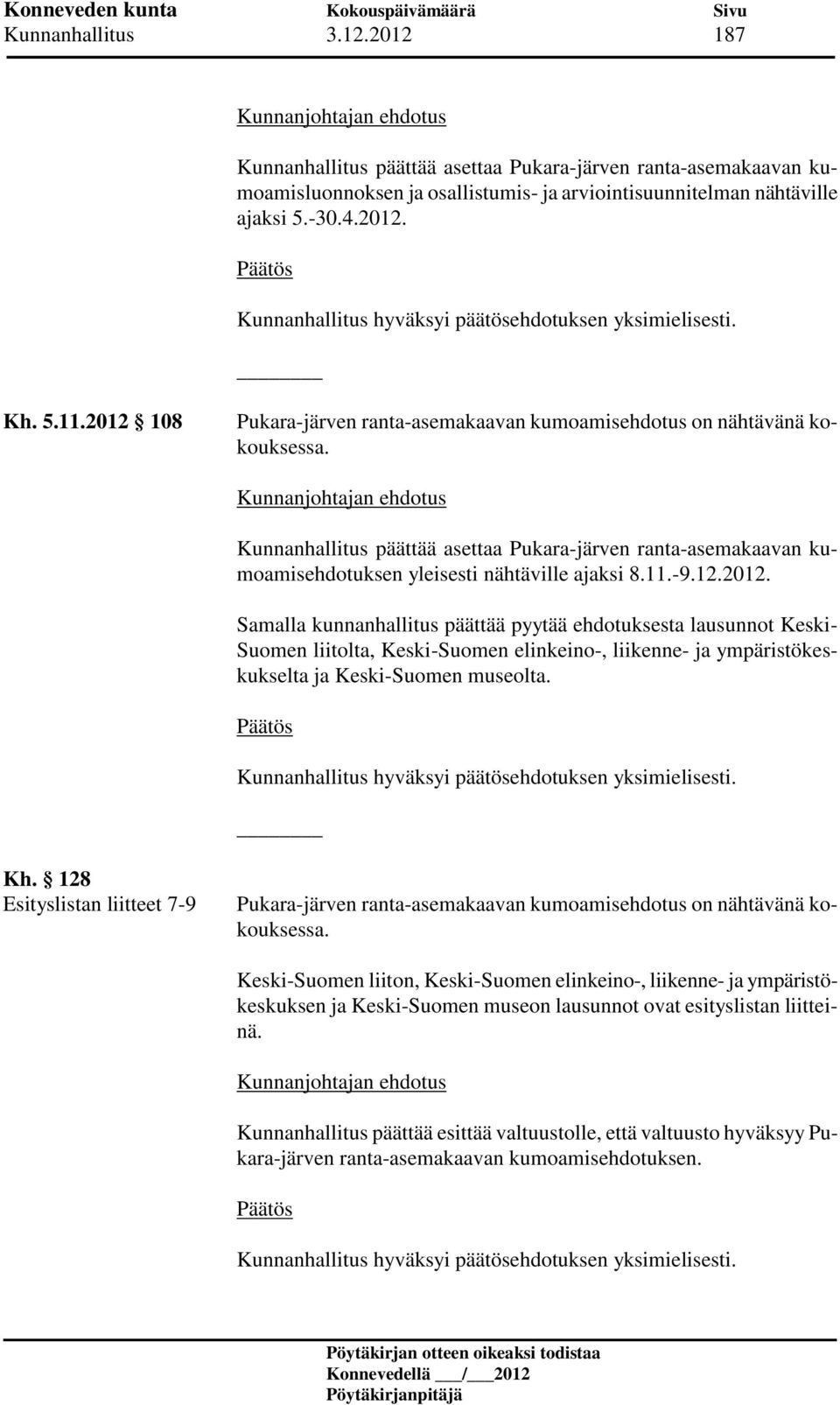 -9.12.2012. Samalla kunnanhallitus päättää pyytää ehdotuksesta lausunnot Keski- Suomen liitolta, Keski-Suomen elinkeino-, liikenne- ja ympäristökeskukselta ja Keski-Suomen museolta. Kh.