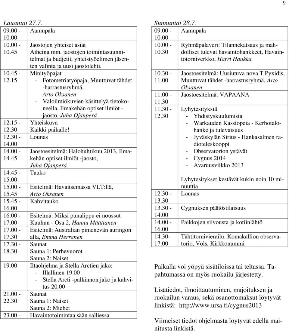 Minityöpajat - Fotometriatyöpaja, Muuttuvat tähdet -harrastusryhmä, Arto Oksanen - Valoilmiökuvien käsittelyä tietokoneella, Ilmakehän optiset ilmiöt - jaosto, Juha Ojanperä Yhteiskuva Kaikki