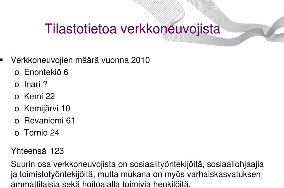 o Kemi 22 o Kemijärvi 10 o Rovaniemi 61 o Tornio 24 Yhteensä 123 Suurin osa