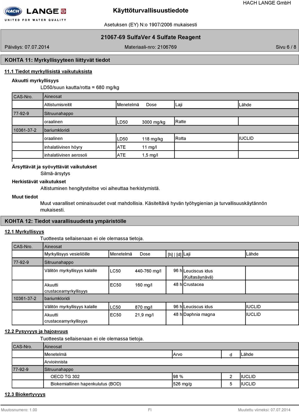 mg/l Ärsyttävät ja syövyttävät vaikutukset Silmäärsytys Herkistävät vaikutukset Altistuminen hengitysteitse voi aiheuttaa herkistymistä.