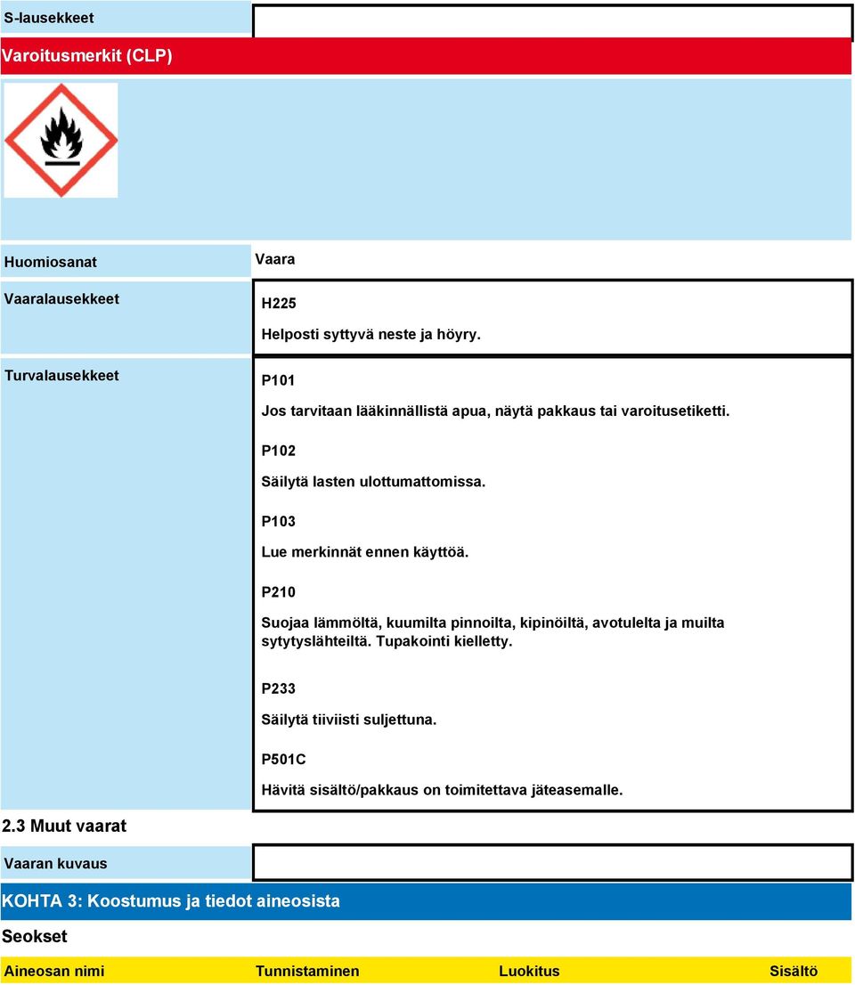P103 Lue merkinnät ennen käyttöä. P210 Suojaa lämmöltä, kuumilta pinnoilta, kipinöiltä, avotulelta ja muilta sytytyslähteiltä. Tupakointi kielletty.